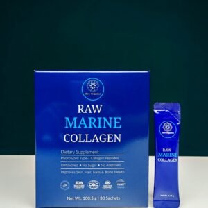 Glow Organica Raw Marine Collagen box with one vertical sachet showing 30 day supply, 100.5g premium hydrolyzed collagen peptides for skin and hair health.
